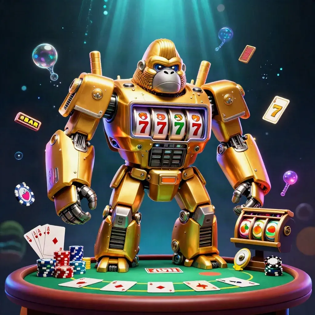 Gorila mech emas dengan pilot monyet, kartu poker, chip, cahaya neon kasino